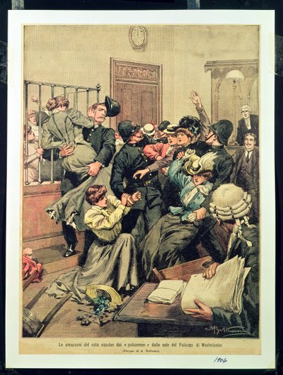 Polizisten vertreiben Suffragetten aus einem Raum im Palace of Westminster, 1906 von Achille Beltrame